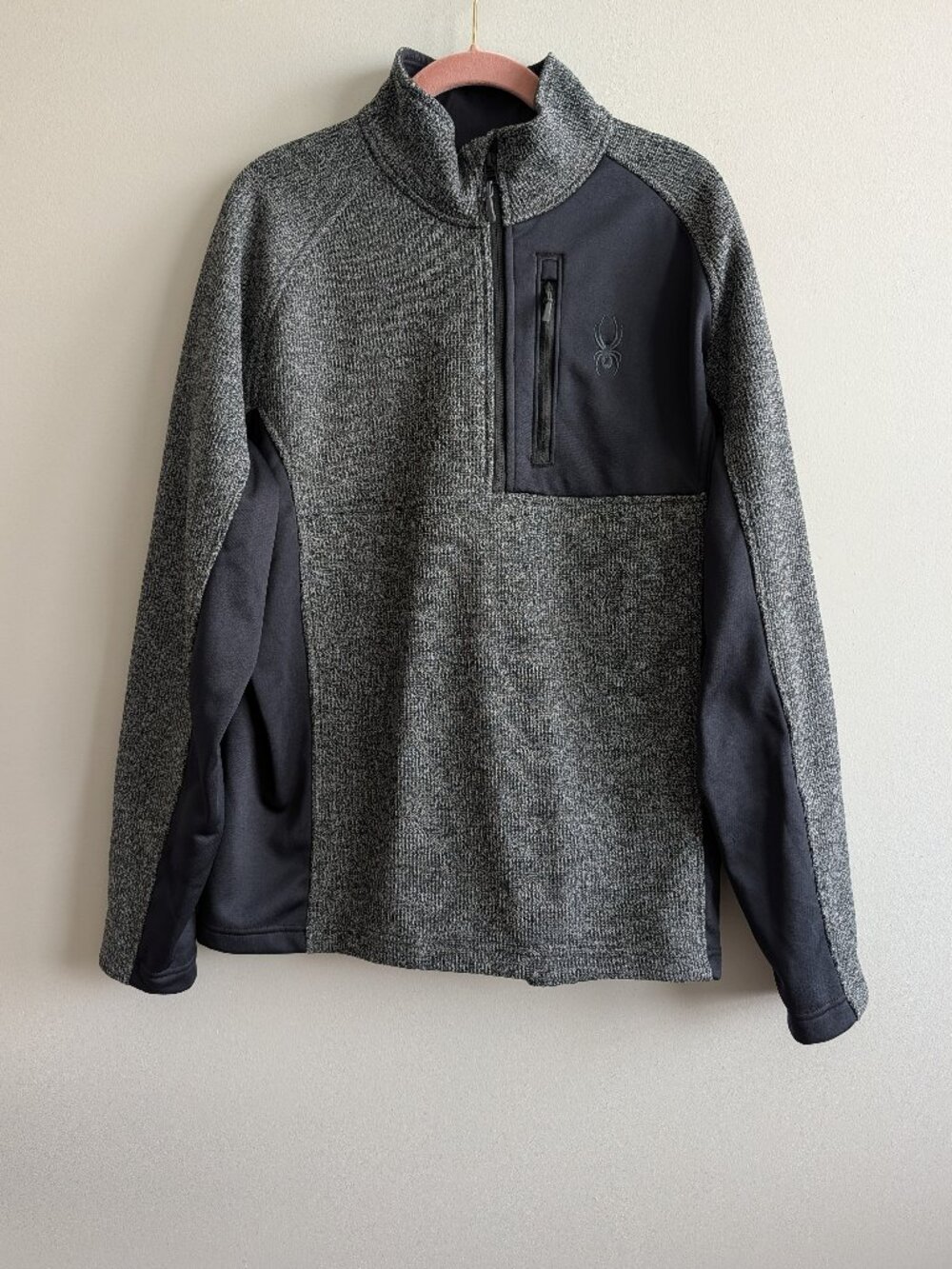 Spyder Pullover Mens Large Gray Black 1/4 Zip Fleece Lined Jacket Sweater *FLAW*